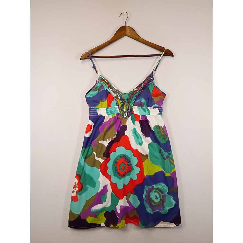 Boho Floral Promod Women 8 Multicolor Beaded V-Neck Smocked Back Sundress